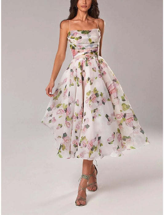 Wholesa A-Line Homecoming Dresses Princess Dress Wedding Guest Holiday Tea Length Sleeveless Spaghetti Strap Organza with Print