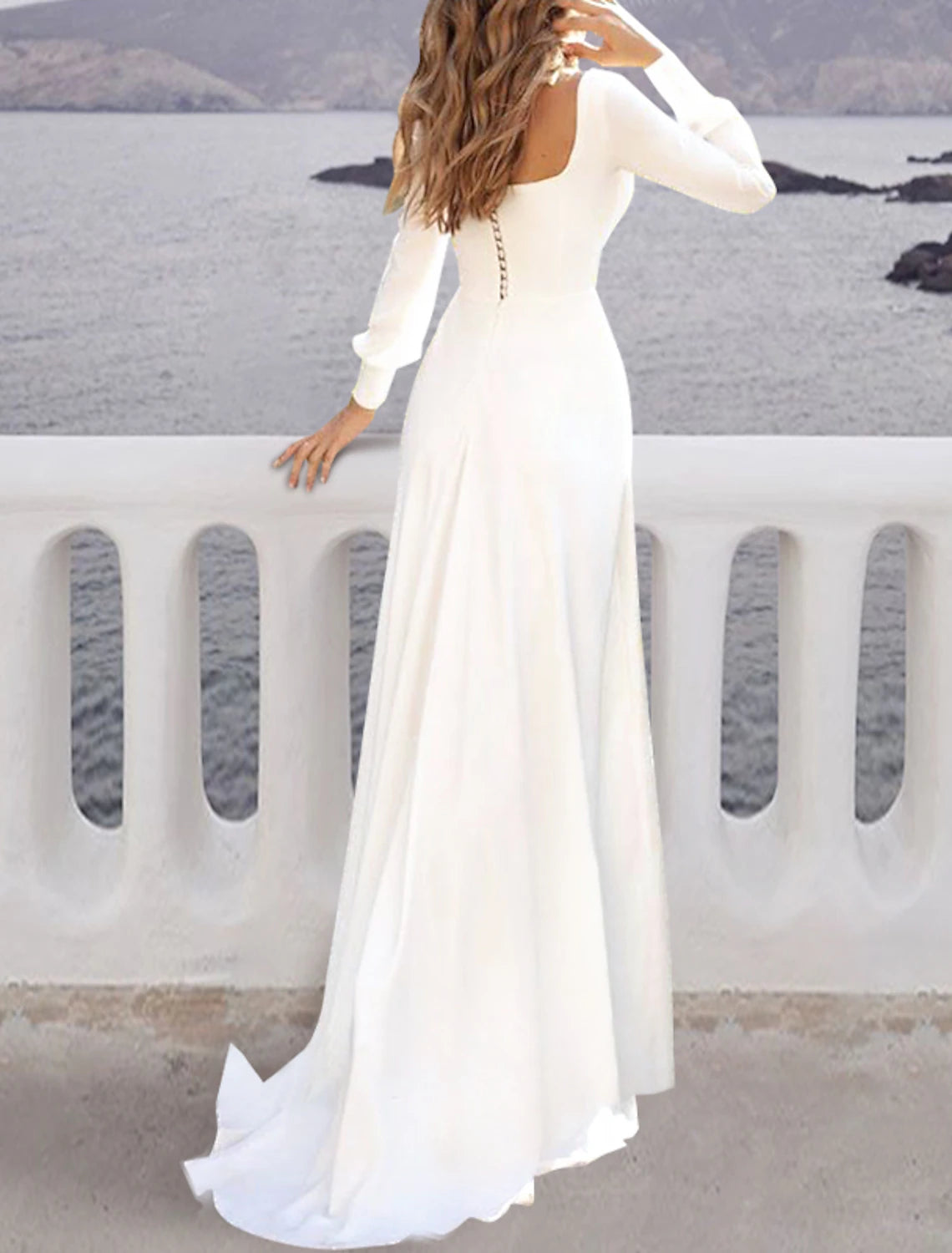 Wholesa Beach Simple Wedding Dresses A-Line Square Neck Long Sleeve Sweep / Brush Train Chiffon Bridal Gowns With Solid Color 2024 Summer Wedding Party