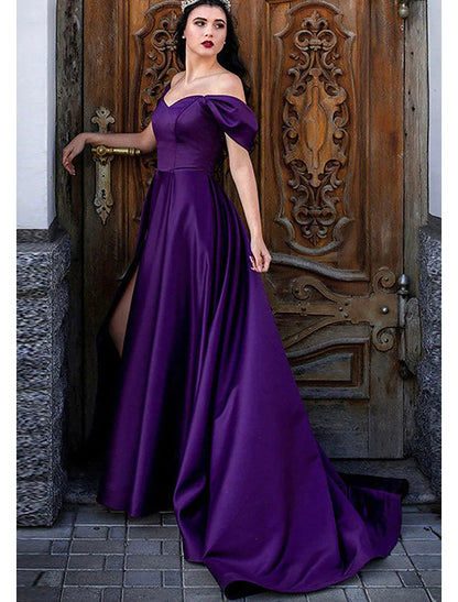 wholesale  A-Line Prom Dresses Princess Dress Formal Sweep / Brush Train Sleeveless Off Shoulder Satin with Pleats Slit