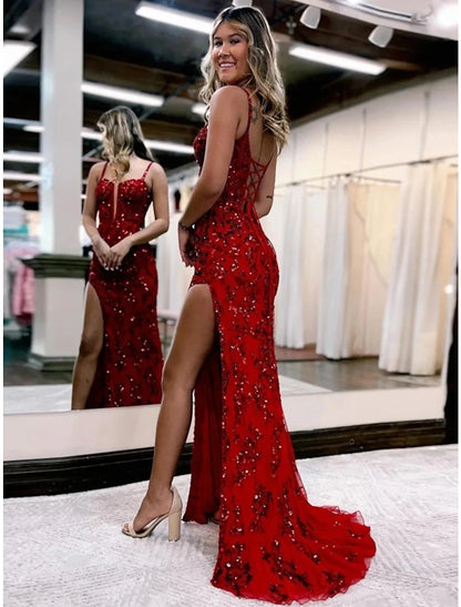 Wholesale Mermaid / Trumpet Evening Gown Open Back Dress Formal Sweep / Brush Train Sleeveless V Neck Tulle Backless with Slit Appliques