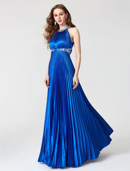 Wholesa  A-Line Beautiful Back Dress Holiday Cocktail Party Floor Length Sleeveless Jewel Neck Satin with Pleats Beading