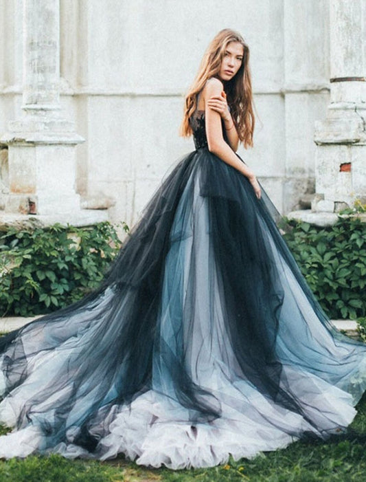 Wholesa Ball Gown Black Wedding Dress Gothic Quinceanera Dresses Color Block Dress Sweep / Brush Train Sleeveless V Neck Tulle V Back with Pleats Appliques