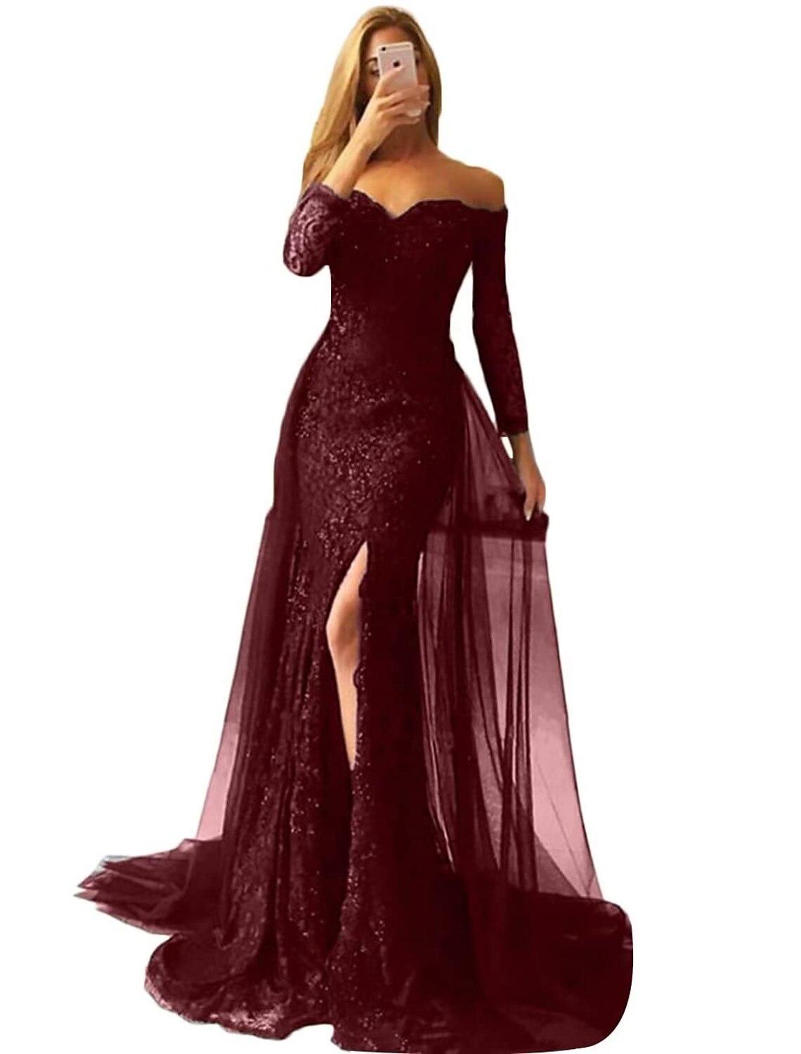 Wholesa Mermaid / Trumpet Evening Gown Floral Dress Formal Wedding Sweep / Brush Train Long Sleeve Off Shoulder Fall Wedding Reception Chiffon with Slit Appliques