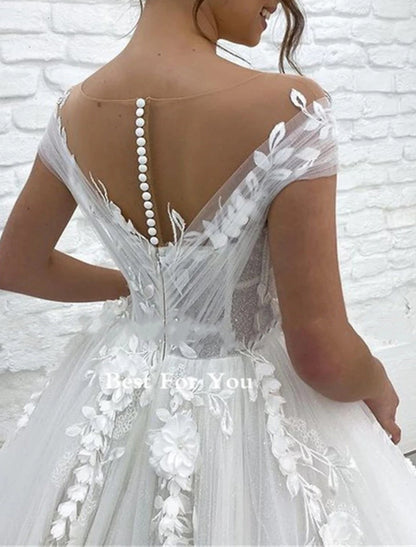 Wholesa Formal Wedding Dresses Ball Gown V Neck Cap Sleeve Chapel Train Lace Bridal Gowns With Appliques