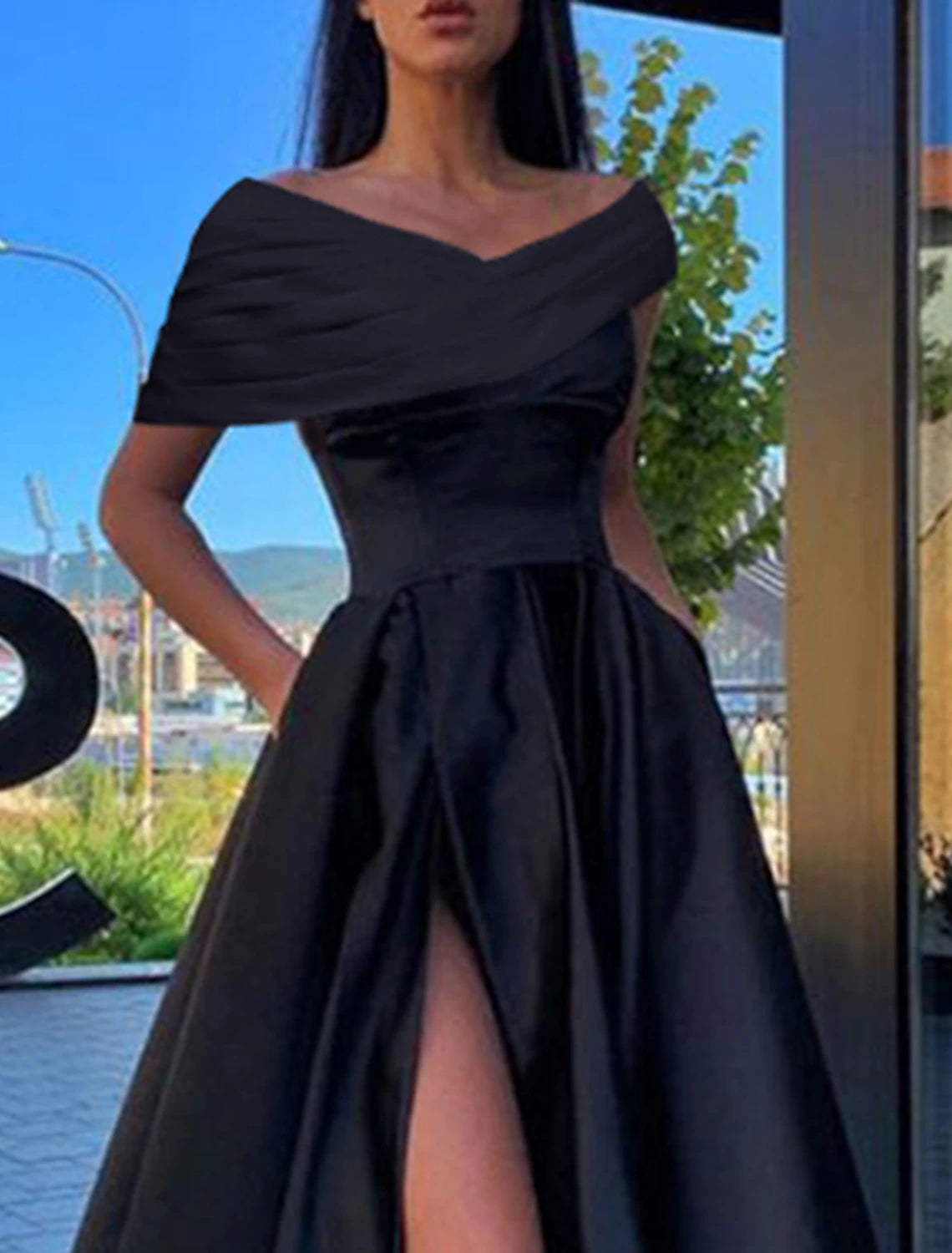 wholesale  A-Line Prom Dresses Little Black Dress Dress Formal Floor Length Short Sleeve Off Shoulder Satin with Ruched Slit