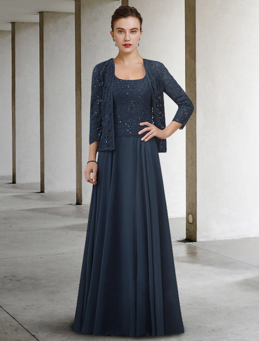 wholesale Two Piece A-Line Mother of the Bride Dress Elegant Jewel Neck Floor Length Chiffon Lace Half Sleeve with Pleats