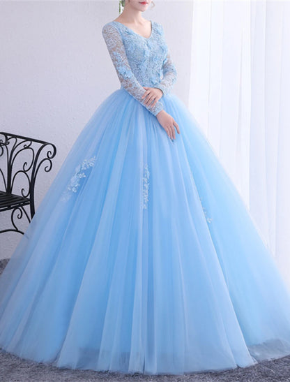 Wholesa Ball Gown Quinceanera Dresses Princess Dress Performance Quinceanera Floor Length Long Sleeve V Neck Polyester with Crystals Appliques