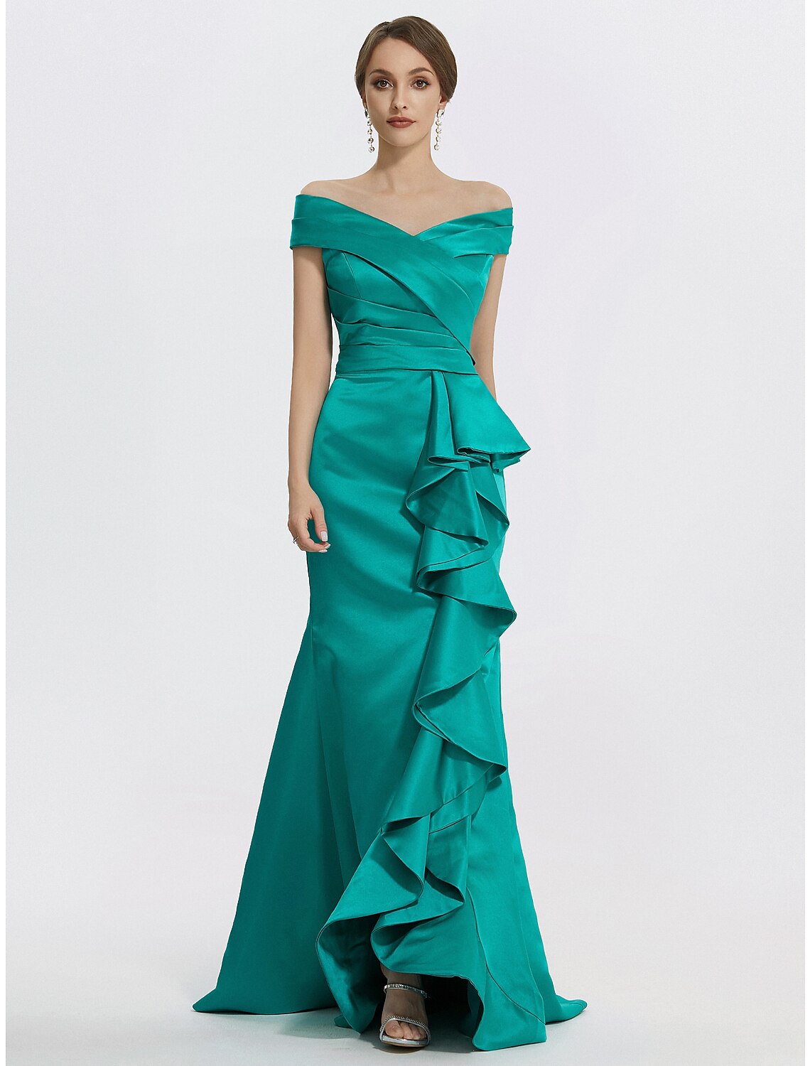 Wholesa  Sheath / Column Evening Gown Elegant Dress Formal Floor Length Sleeveless Off Shoulder Satin with Ruffles