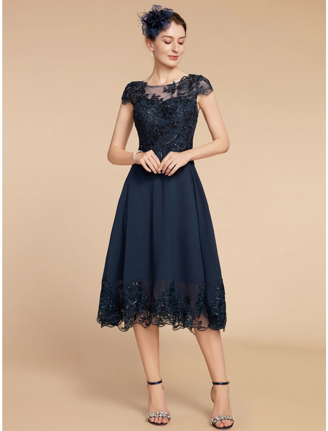 Wholesa  A-Line Mother of the Bride Dress Wedding Guest Elegant Petite Scoop Neck Tea Length Chiffon Lace Cap Sleeve with Sequin Ruching Solid Color