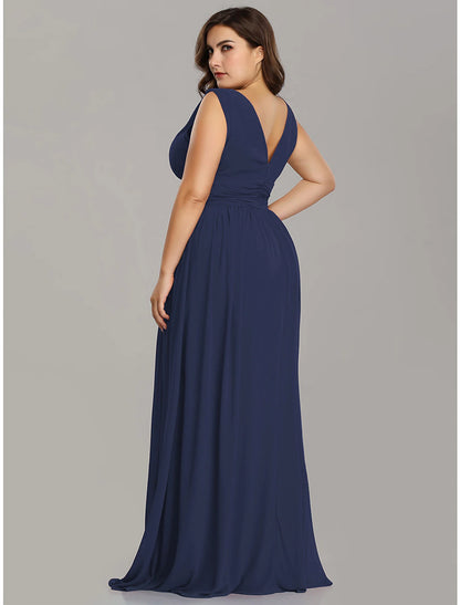 Wholesale A-Line Plus Size Wedding Guest Formal Evening Dress V Neck V Back Sleeveless Floor Length Chiffon with Pleats