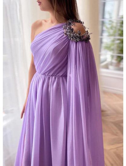 Wholesa A-Line Evening Gown Elegant Dress Formal Wedding Guest Sweep / Brush Train Sleeveless One Shoulder Capes Chiffon with Slit Shawl