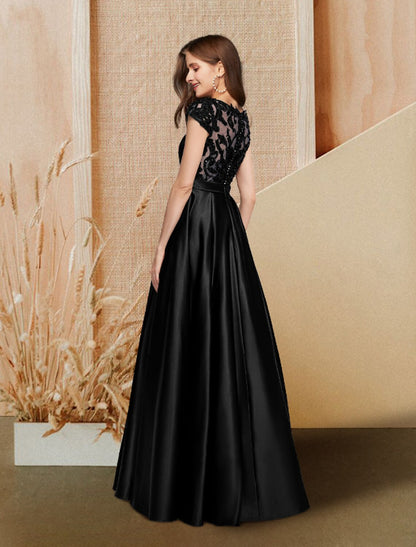 Wholesa A-Line Evening Gown Luxurious Dress Wedding Guest Engagement Floor Length Short Sleeve Jewel Neck Pocket Satin with Beading Lace Insert Pocket