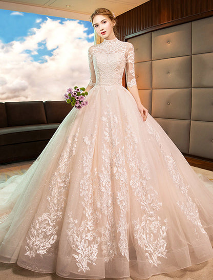 Wholesale Engagement Sparkle & Shine Formal Fall Wedding Dresses Ball Gown High Neck Long Sleeve Cathedral Train Lace Bridal Gowns With Sequin Appliques Summer Wedding Party