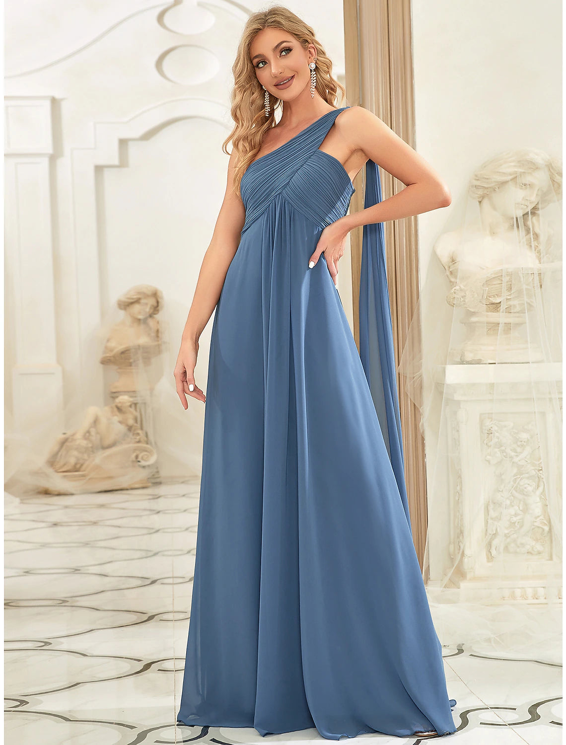 Wholesale A-Line Evening Gown Empire Dress Formal Evening Floor Length Sleeveless One Shoulder Bridesmaid Dress Chiffon Backless with Pleats Draping