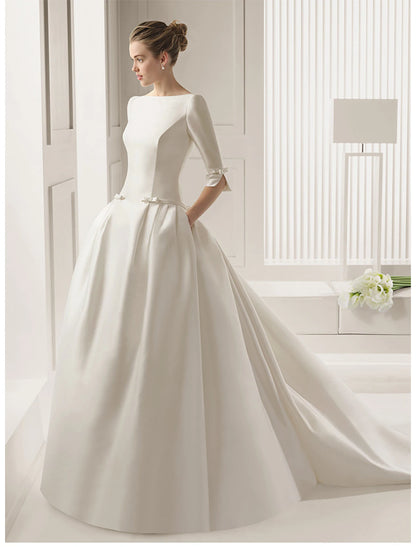 Wholesale Engagement Formal Fall Wedding Dresses A-Line Scoop Neck Half Sleeve Court Train Satin Bridal Gowns With Bow(s) Pleats Summer Wedding Party