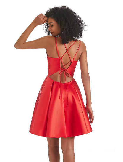 Wholesale A-Line Homecoming Dresses Backless Dress Holiday Short / Mini Sleeveless V Neck Satin with Pleats