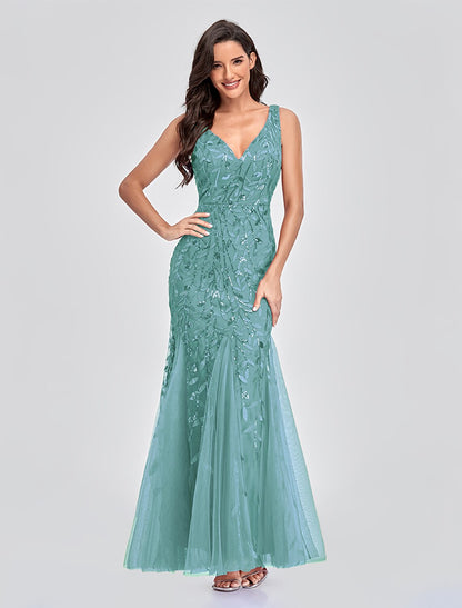 Wholesale Mermaid / Trumpet Empire Elegant Party Wear Formal Evening Valentine's Day Dress V Neck V Back Sleeveless Floor Length Tulle with Embroidery