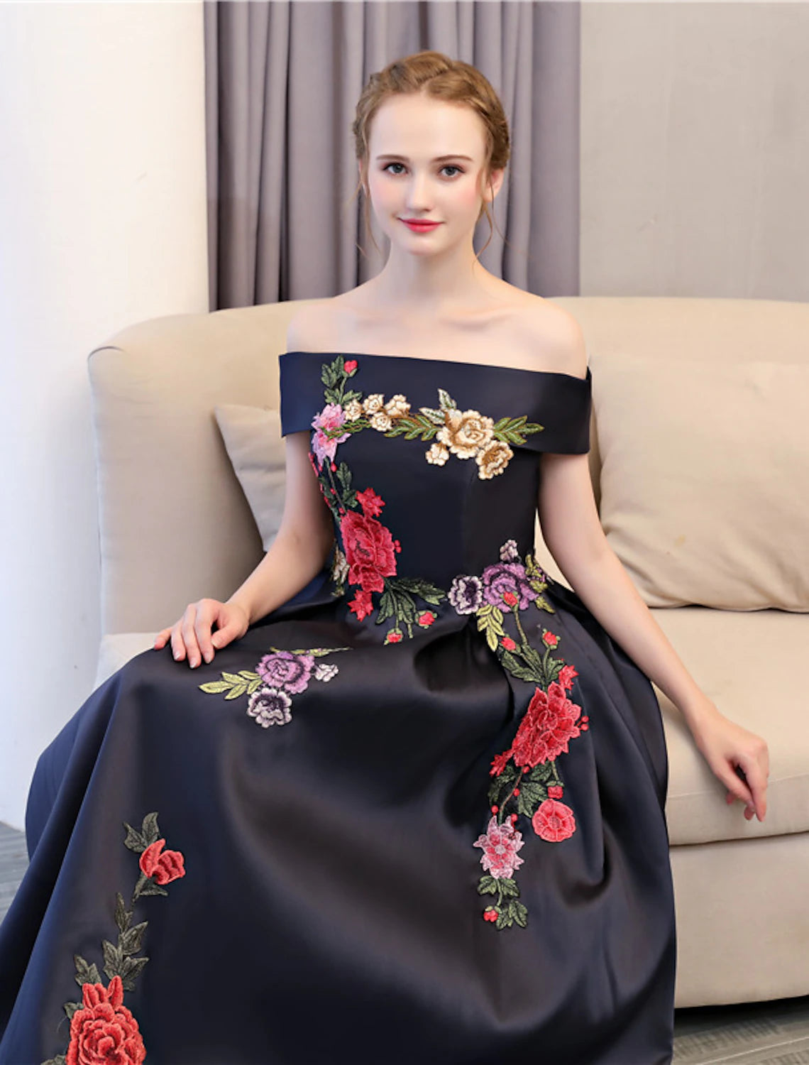 Wholesale A-Line Floral Dress Wedding Guest Floor Length Sleeveless Off Shoulder Satin with Embroidery Appliques