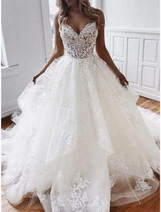 Wholesa Engagement Formal Wedding Dresses Ball Gown Sweetheart Camisole Spaghetti Strap Chapel Train Lace Bridal Gowns With Appliques