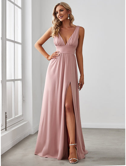 Wholesale A-Line Prom Dresses High Split Dress Wedding Guest Floor Length Sleeveless V Neck Chiffon V Back with Slit Pure Color