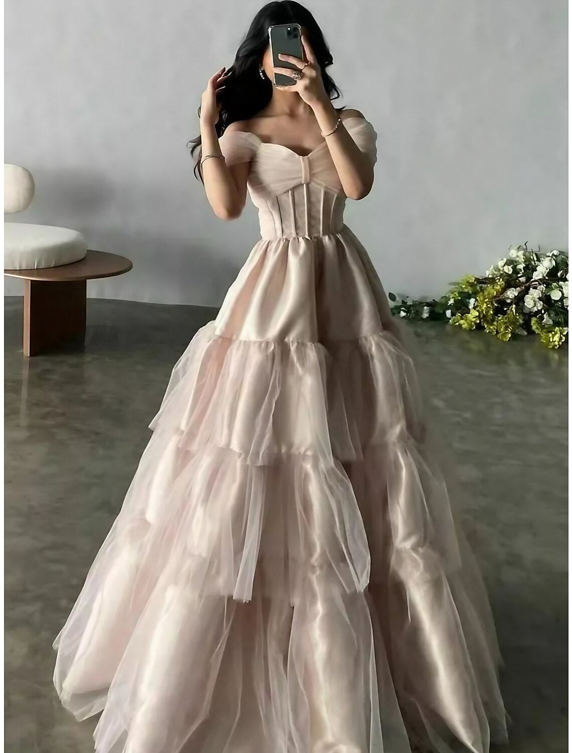 Wholesa  A-Line Evening Gown Princess Dress Formal Floor Length Short Sleeve Off Shoulder Satin with Pleats