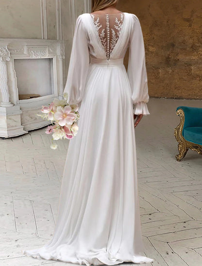 Wholesa Bridal Shower Little White Dresses Wedding Dresses A-Line Scoop Neck Long Sleeve Sweep / Brush Train Chiffon Bridal Gowns With Pleats Appliques