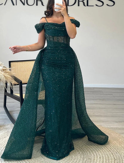 Wholesa Sheath / Column Prom Dresses Elegant Dress Formal Prom Floor Length Short Sleeve Off Shoulder Sequined with Glitter Ruched