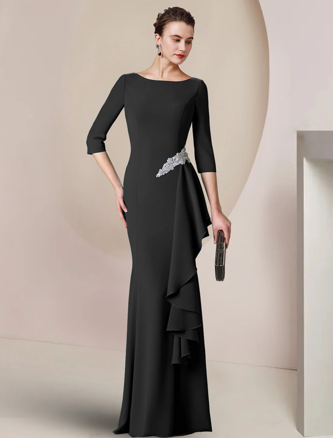 Wholesa  Sheath / Column Mother of the Bride Dress Wedding Guest Party Elegant Scoop Neck Floor Length Stretch Fabric 3/4 Length Sleeve with Crystal Brooch Ruching