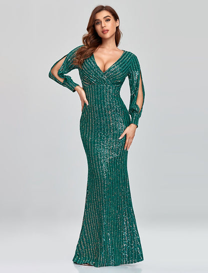 Wholesa Mermaid / Trumpet Evening Gown Sparkle Dress Party Dress Wedding Guest Floor Length Long Sleeve V Neck Sequined with Sequin