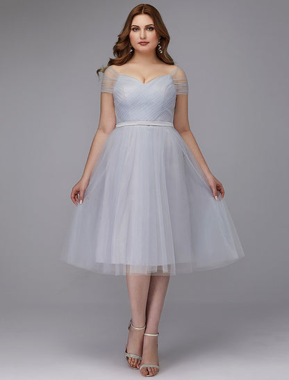 wholesale  A-Line Elegant Dress Wedding Guest Tea Length Short Sleeve Off Shoulder Tulle with Sash / Ribbon Criss Cross