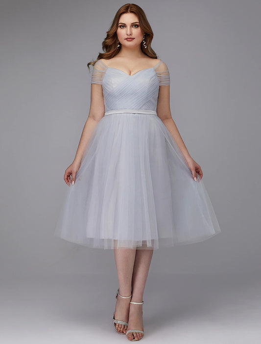 Wholesa A-Line Elegant Dress Wedding Guest Cocktail Party Tea Length Short Sleeve Off Shoulder Tulle with Sash / Ribbon Criss Cross