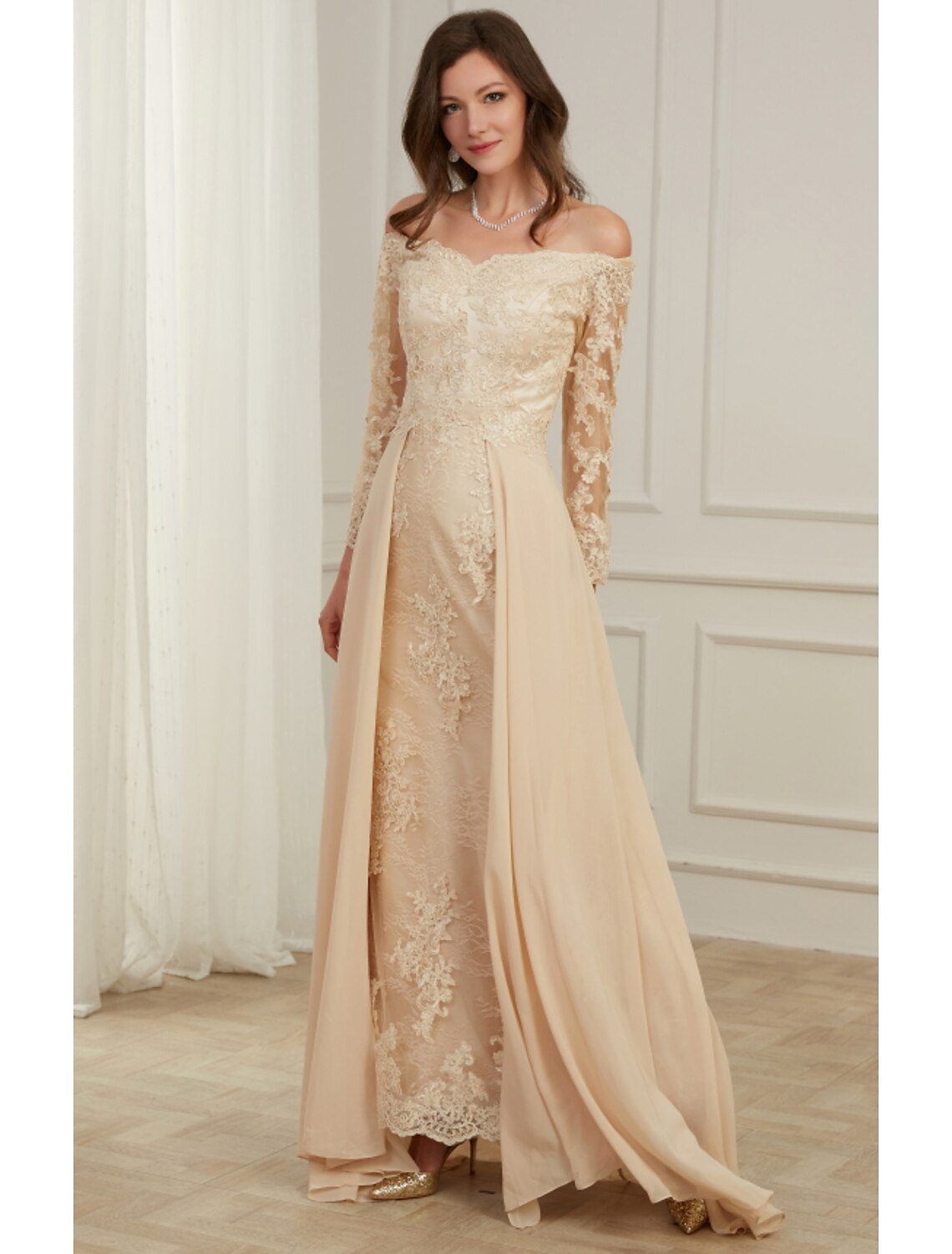 Wholesa A-Line Evening Gown Elegant Dress Wedding Guest Formal Evening Floor Length Long Sleeve Off Shoulder Polyester with Overskirt Appliques