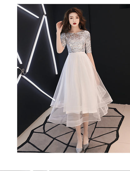 wholesale   A-Line Sparkle White Cocktail Party Prom Dress Jewel Neck Half Sleeve Tea Length Satin with Sequin Tier