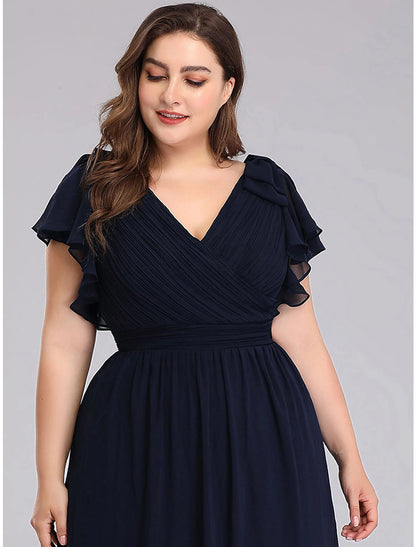 wholesale  A-Line Mother of the Bride Dress Plus Size V Neck Floor Length Chiffon Short Sleeve with Ruffles Ruching