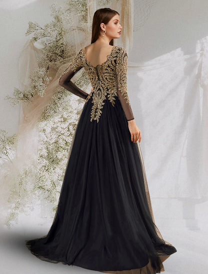 wholesale Ball Gown Luxurious Elegant Prom Formal Evening Dress V Neck Long Sleeve Floor Length Tulle with Sequin Appliques