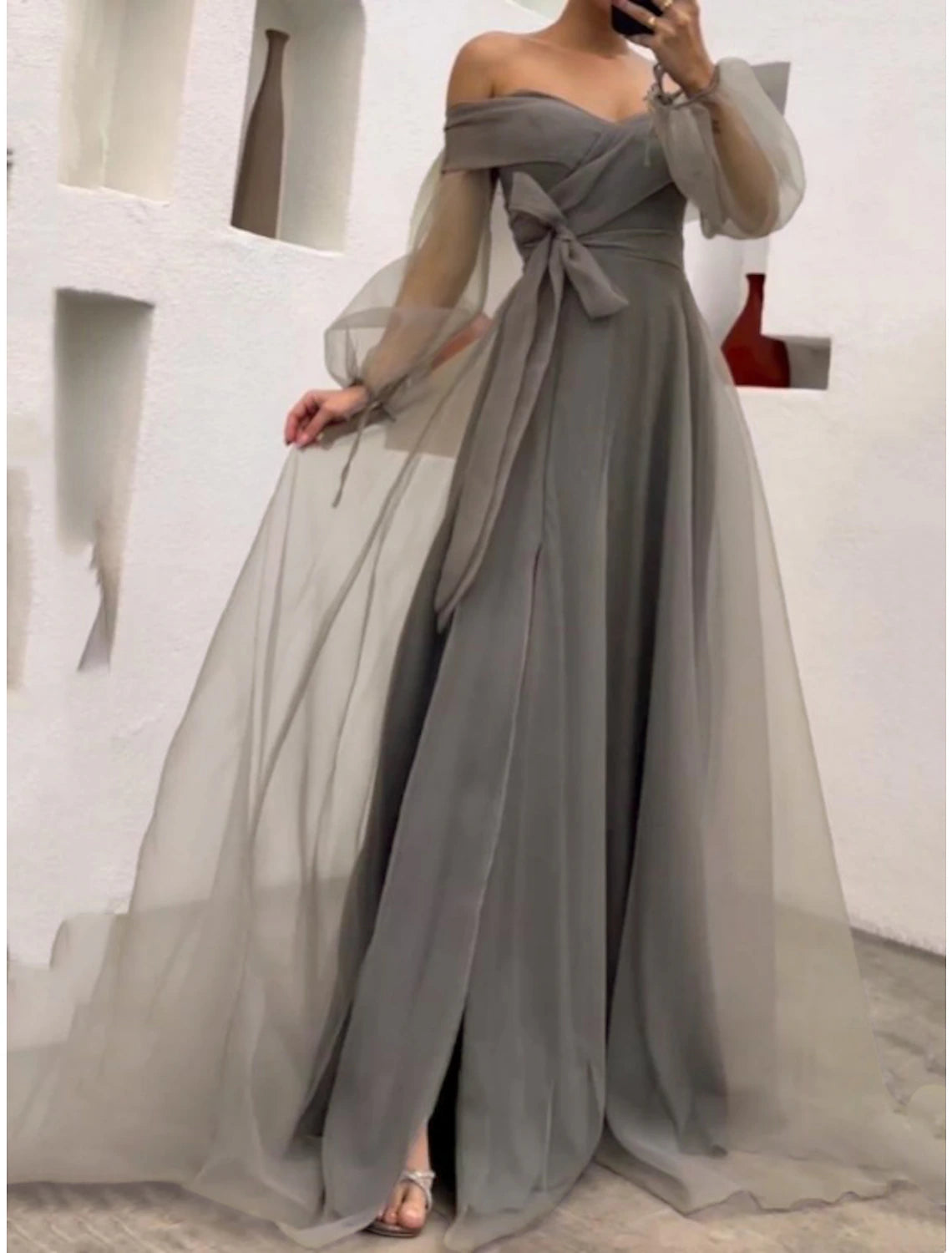 Wholesa Sheath / Column Prom Dresses Princess Dress Wedding Party Sweep / Brush Train Long Sleeve Off Shoulder Belt / Sash Tulle with Bow(s) Pleats Slit