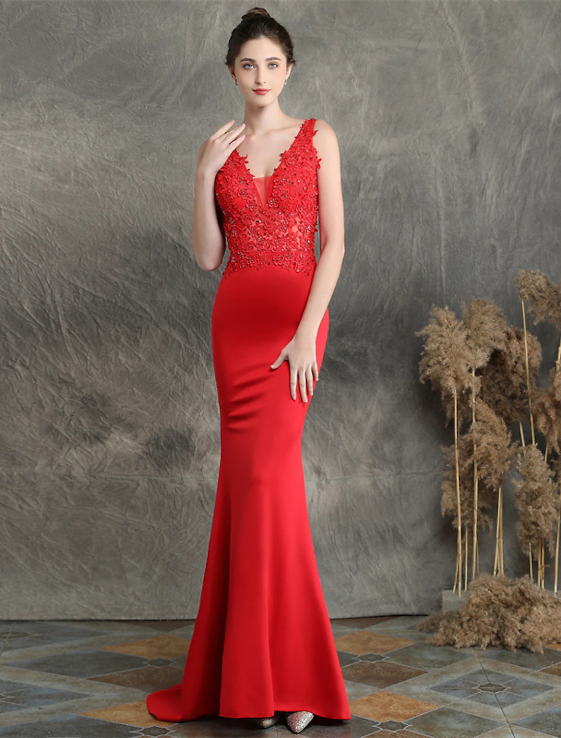 wholesale  Mermaid / Trumpet Evening Gown Elegant Dress Formal Sweep / Brush Train Sleeveless V Neck Cotton Blend with Beading Appliques