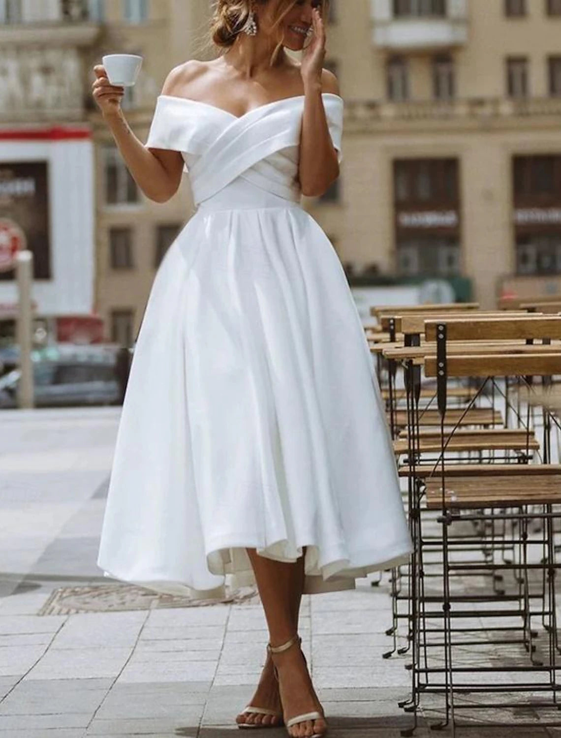 Wholesa Simple Wedding Dresses Satin Little White Dresses A-Line Off Shoulder Formal Short Sleeve Tea Length Bridal Gowns With Solid Color