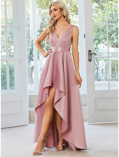 wholesale  A-Line Wedding Guest Dresses Casual Dress Party Wear Asymmetrical Sleeveless V Neck Satin with Ruffles Pure Color