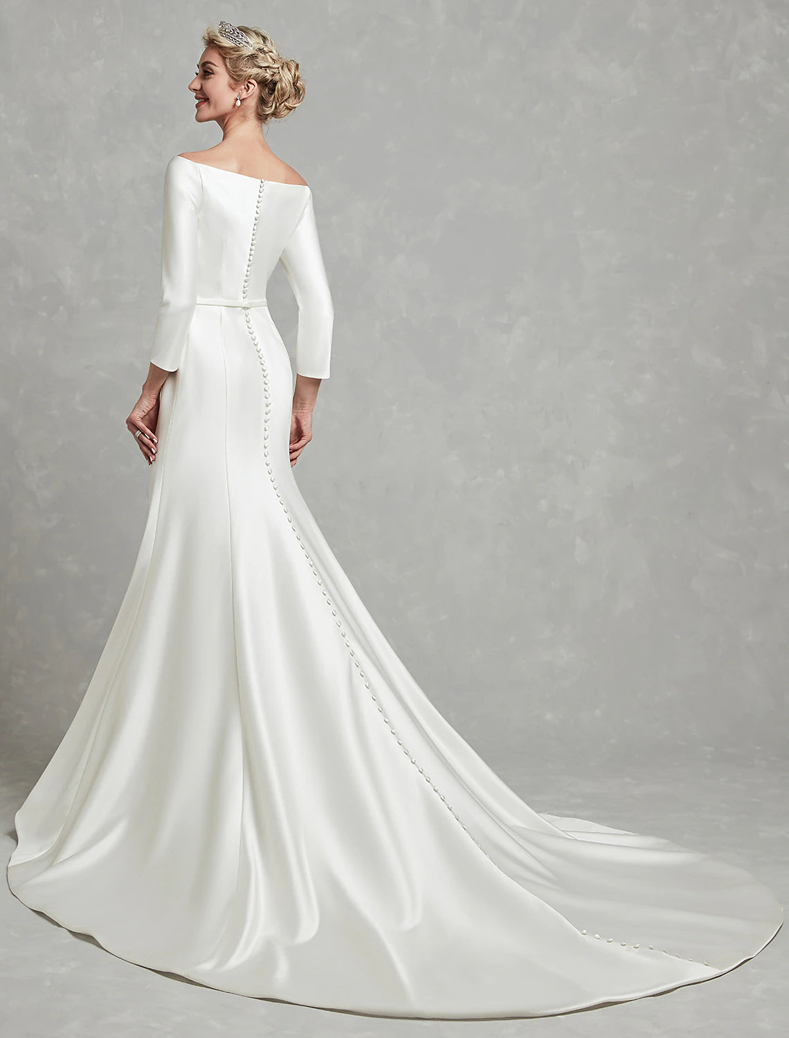 Wholesale Casual Fall Wedding Dresses Mermaid / Trumpet Off Shoulder 3/4 Length Sleeve Chapel Train Satin Bridal Gowns With Pleats Summer Wedding Party