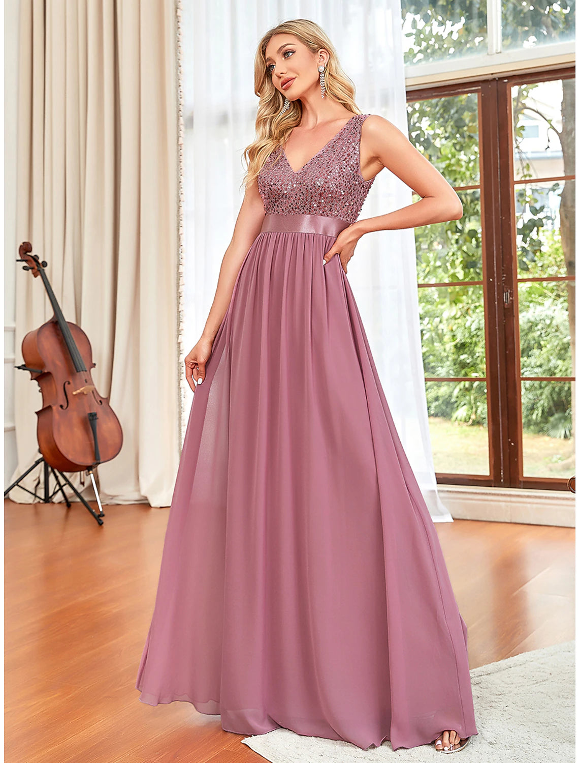 Wholesale A-Line Prom Dresses Elegant Dress Wedding Guest Floor Length Sleeveless V Neck Chiffon V Back with Draping Pure