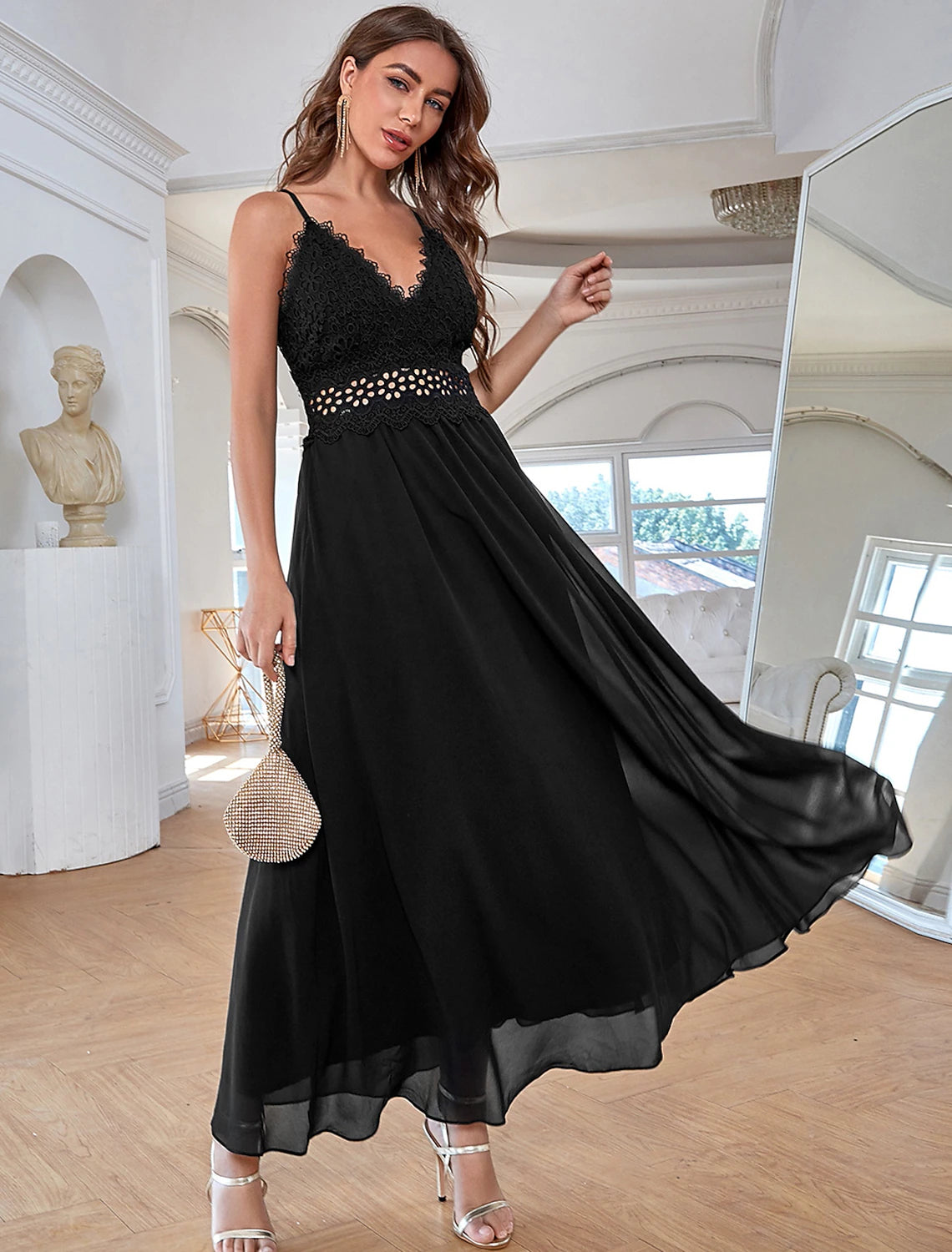 Wholesale A-Line Elegant Vintage Party Wear Formal Evening Dress V Neck Sleeveless Ankle Length Chiffon with Sequin Pure Color Splicing