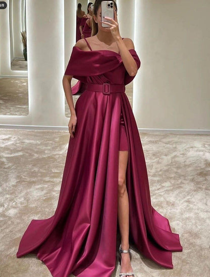 Wholesa A-Line Evening Gown Elegant Dress Formal Floor Length Sleeveless Off Shoulder Satin with Crystals Slit Strappy