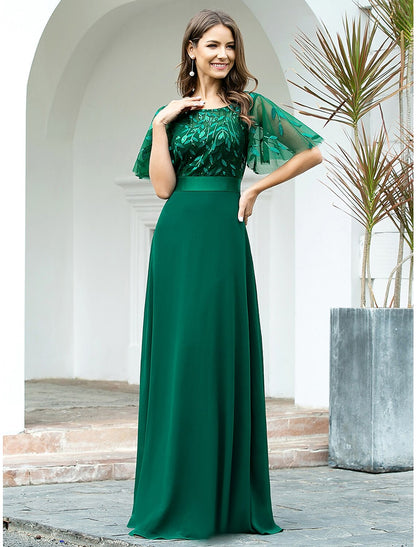 Wholesale A-Line Prom Dresses Empire Dress Evening Party Floor Length Short Sleeve Jewel Neck Chiffon V Back with Sequin