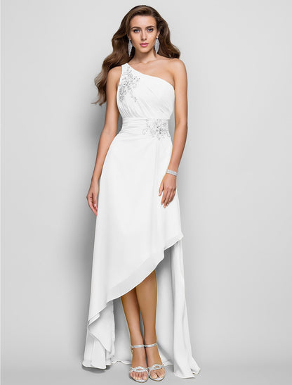 Wholesa Sheath / Column Elegant Dress Wedding Guest Cocktail Party Asymmetrical Sleeveless One Shoulder Bridesmaid Dress Chiffon with Beading Slit Appliques