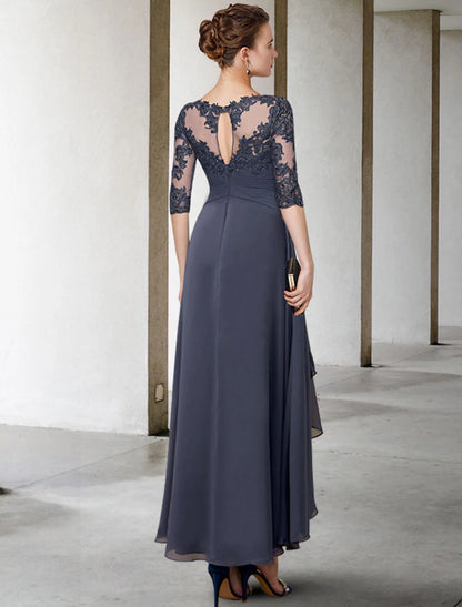 Wholesa  A-Line Mother of the Bride Dress Fall Wedding Guest Plus Size Elegant High Low Jewel Neck Asymmetrical Tea Length Chiffon Lace Half Sleeve with Ruched Appliques