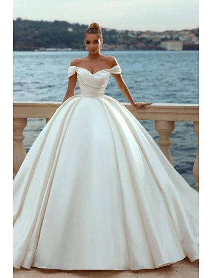 Wholesale Engagement Formal Wedding Dresses Ball Gown Off Shoulder Cap Sleeve Court Train Satin Church Bridal Gowns With Ruched Solid Color Summer Fall Wedding Party