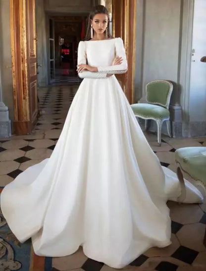 Wholesale Formal Fall Wedding Dresses Ball Gown Scoop Neck Long Sleeve Court Train Satin Bridal Gowns With Buttons Pleats 2023 Summer Wedding Party, Women‘s Clothing