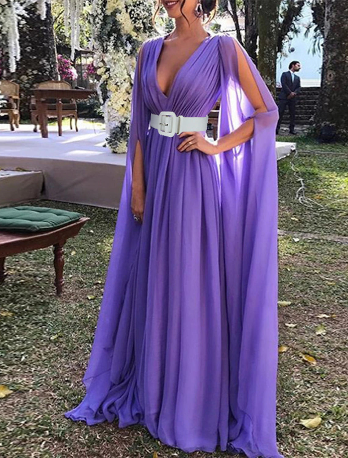 Aimishang A-Line Wedding Guest Dresses Maxi Dress Wedding Party Dress Black Tie Floor Length Long Sleeve V Neck Fall Wedding Guest Chiffon with Belt