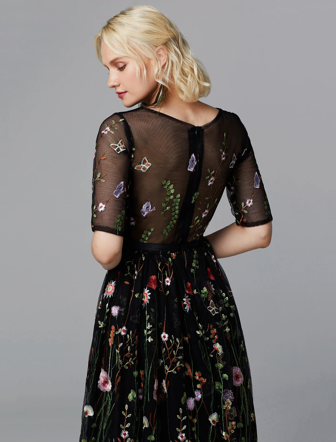 Wholesale A-Line Floral Dress Holiday Tea Length Half Sleeve Illusion Neck Lace with Embroidery Appliques